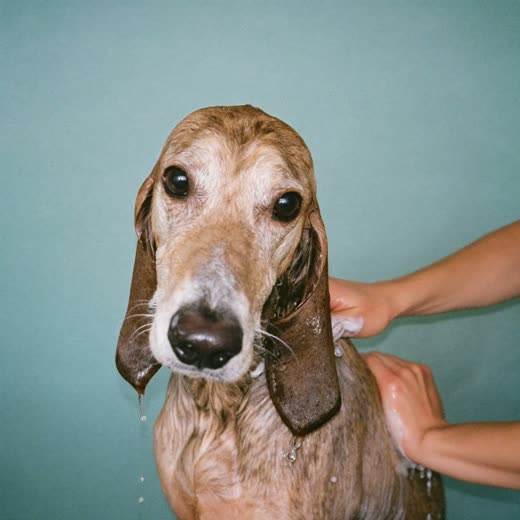 A wet dog being lathered during a bath, hands at its shoulder